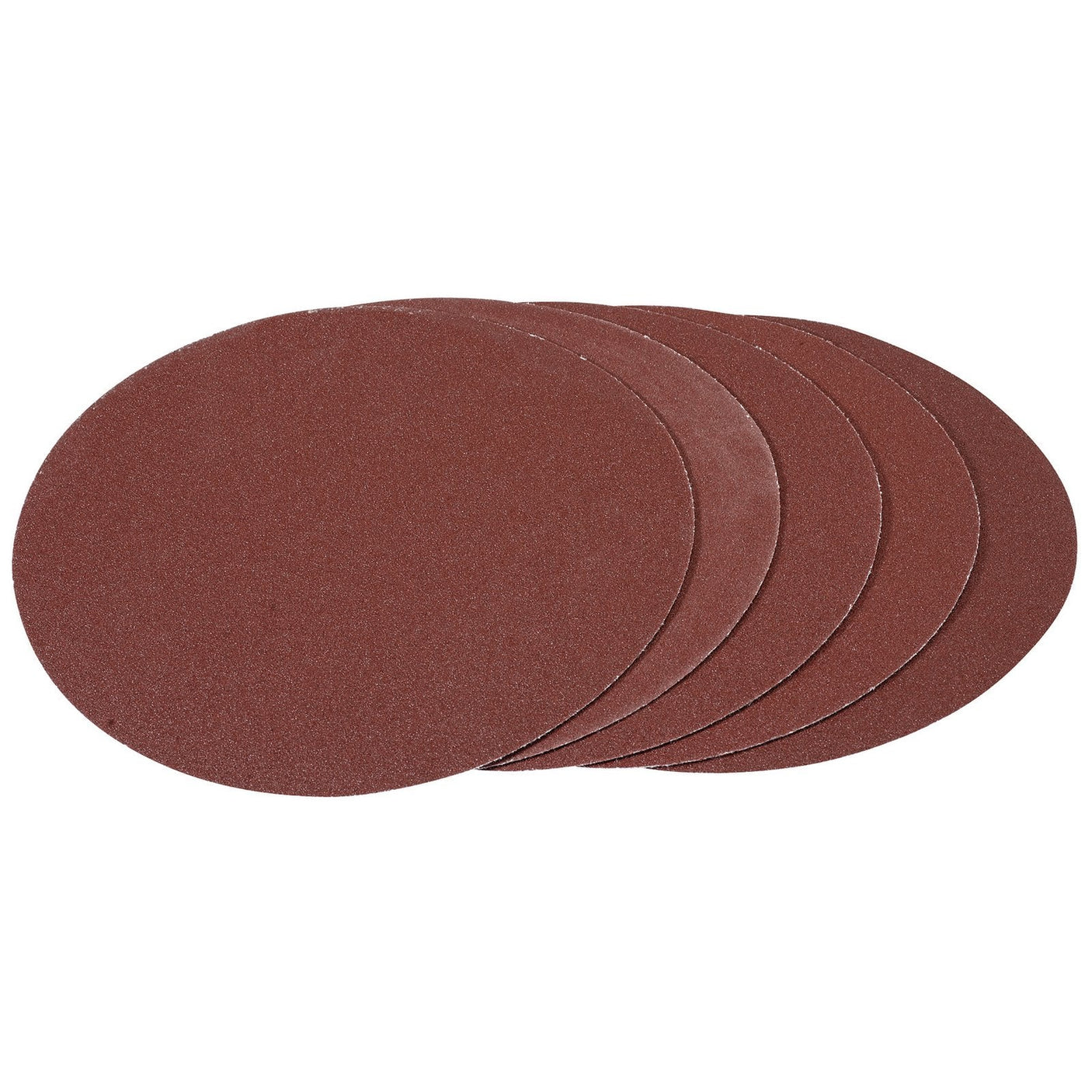 A stack of five Draper Hook And Loop Aluminium Oxide Sanding Discs, 180mm, 100 Grit (Pack Of 5) - APT257 in a brown color, against a white background.