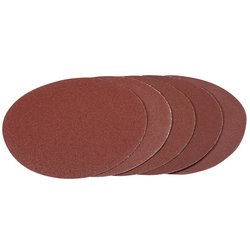 Five Draper Hook And Loop Aluminium Oxide Sanding Discs, 180mm, Assorted Grit (Pack Of 5) - APT257 stacked on top of one another, gradually offset to the right.