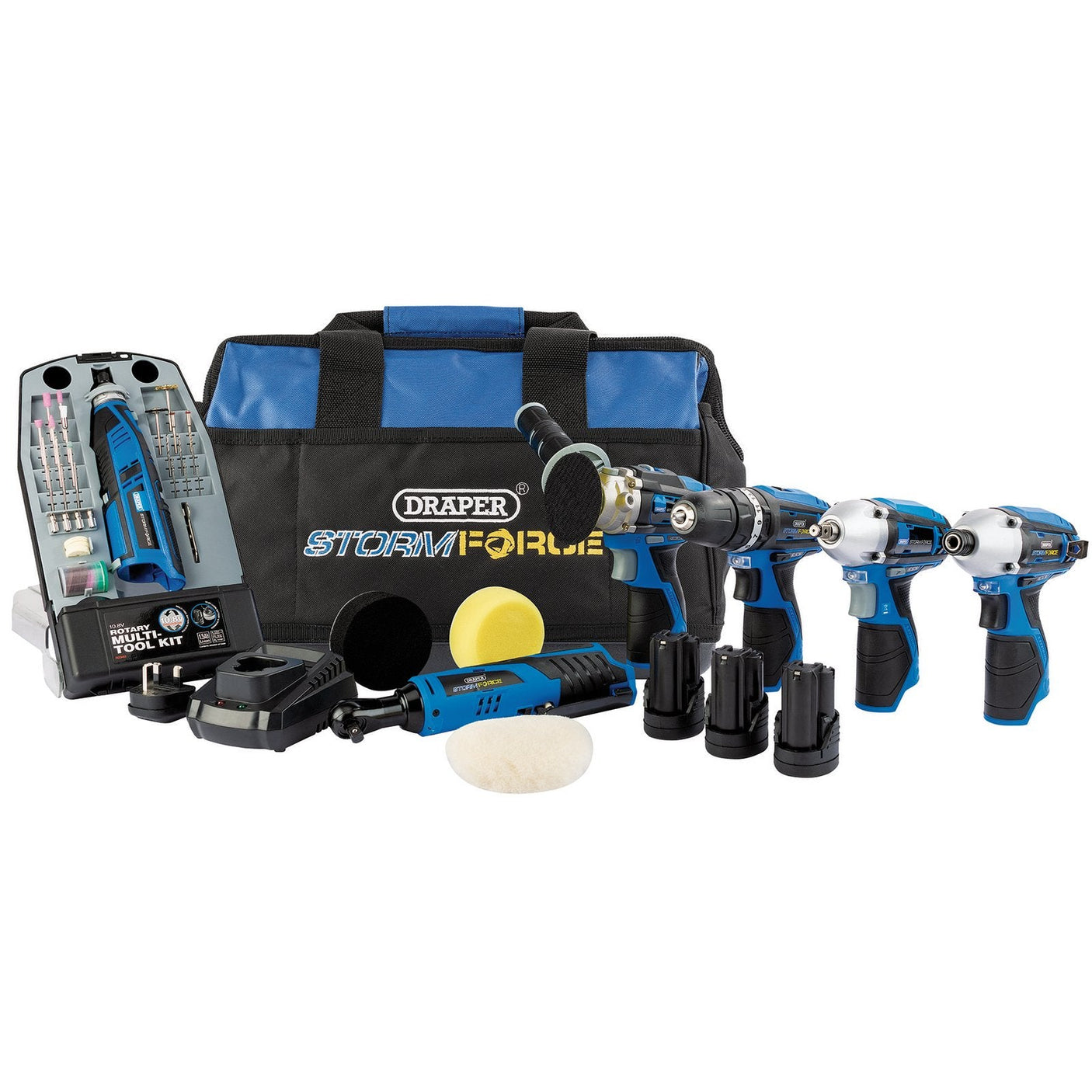 The Draper 12V Multi-Power Interchange Kit, including three 1.5Ah Li-Ion batteries, two fast chargers, and a versatile tool bag (PTKDP6 10.8), features a selection of drills, an interchangeable multi-tool, various attachments, and a comprehensive accessory kit all conveniently housed in a stylish black and blue Draper Storm Force carry bag.