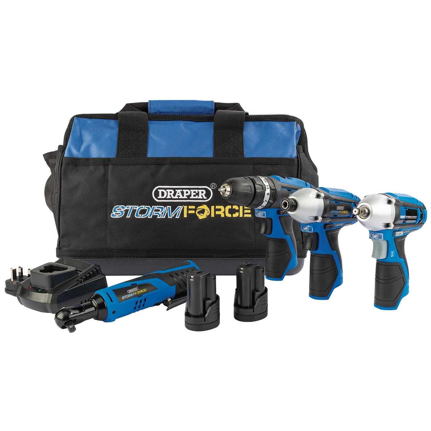 A Draper 12V Drill Drive and Ratchet Interchange Kit II, which includes two 1.5Ah Li-Ion batteries, a fast charger, and a blue and black carrying bag.