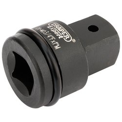 The Draper Impact Socket Converter, 3/4"(F) X 1"(M) - 811, is a high-quality tool crafted from durable chrome molybdenum steel. This Draper branded adapter features a square drive and hexagonal opening, perfect for attaching sockets to power tools. It also comes with pin and ring mechanisms for added security and corrosion protection, ensuring extended use.