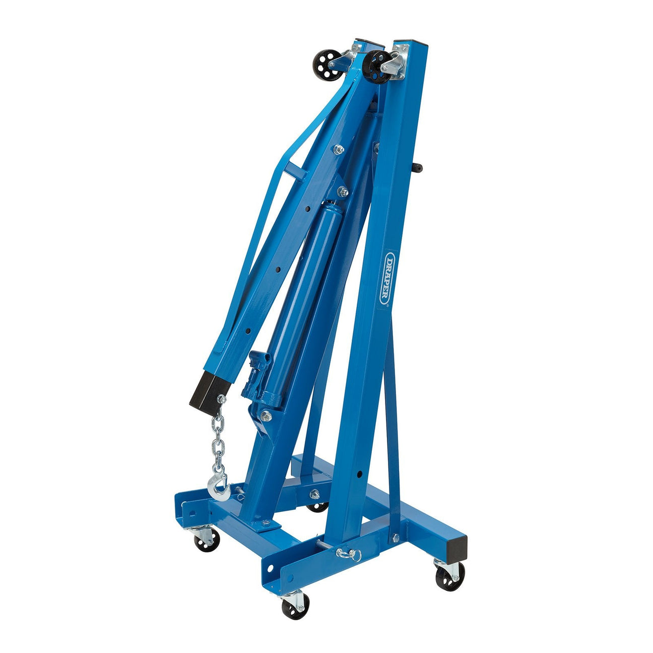 The Draper EC2001-B Engine Crane, a blue foldable crane with wheels and a hydraulic pump, is designed for lifting heavy engines up to 2 tonnes in automotive work.