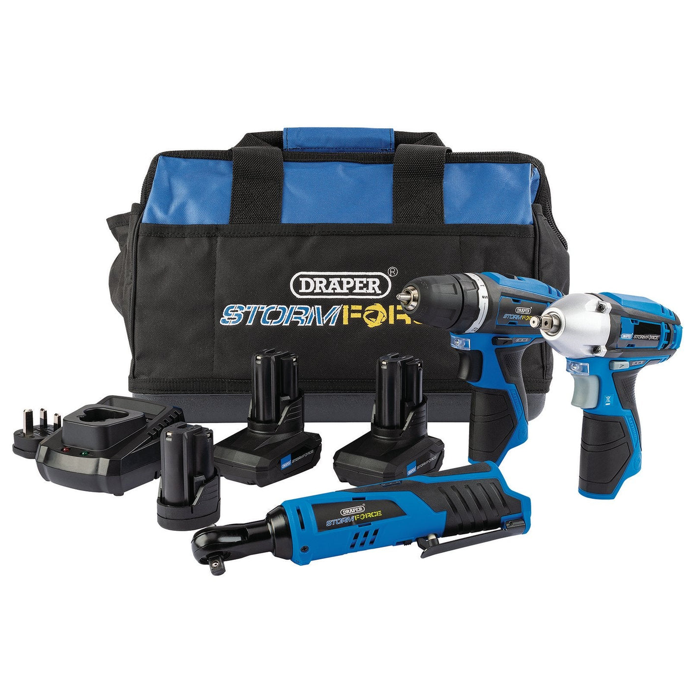 The Draper 12V Drill Drive and Ratchet Interchange Kit, PTKSTO 12V, comes with a drill, impact driver, ratchet, two 4.0Ah Li-Ion batteries, one 1.5Ah Li-Ion battery, a fast charger, and a tool bag.