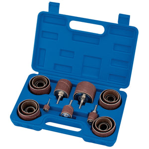 The Draper Abrasive Drum Set (25 Piece) - ADS25, a blue plastic case by Draper, contains an assortment of abrasive sleeves and mandrels, making it perfect for use with your variable speed drill.