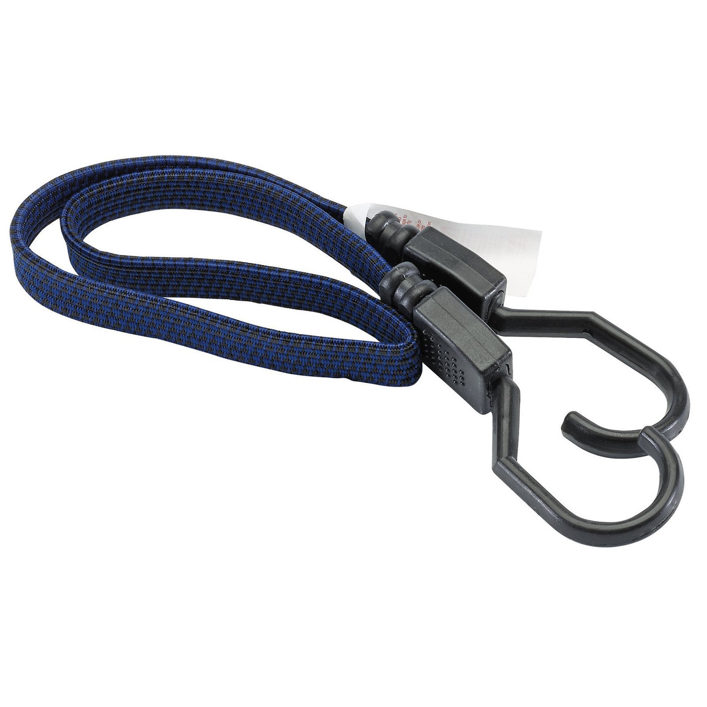 The Draper Flat Bungee, 600mm - BCF600, is a durable blue and black bungee cord with hooks on each end, capable of securing heavy loads.