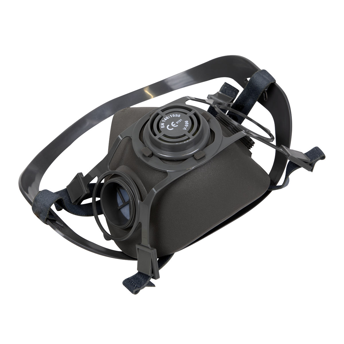 A lightweight black Sealey Half Mask - No Cartridges - 9360 featuring adjustable straps and a central circular filter attachment with an exhalation vent.