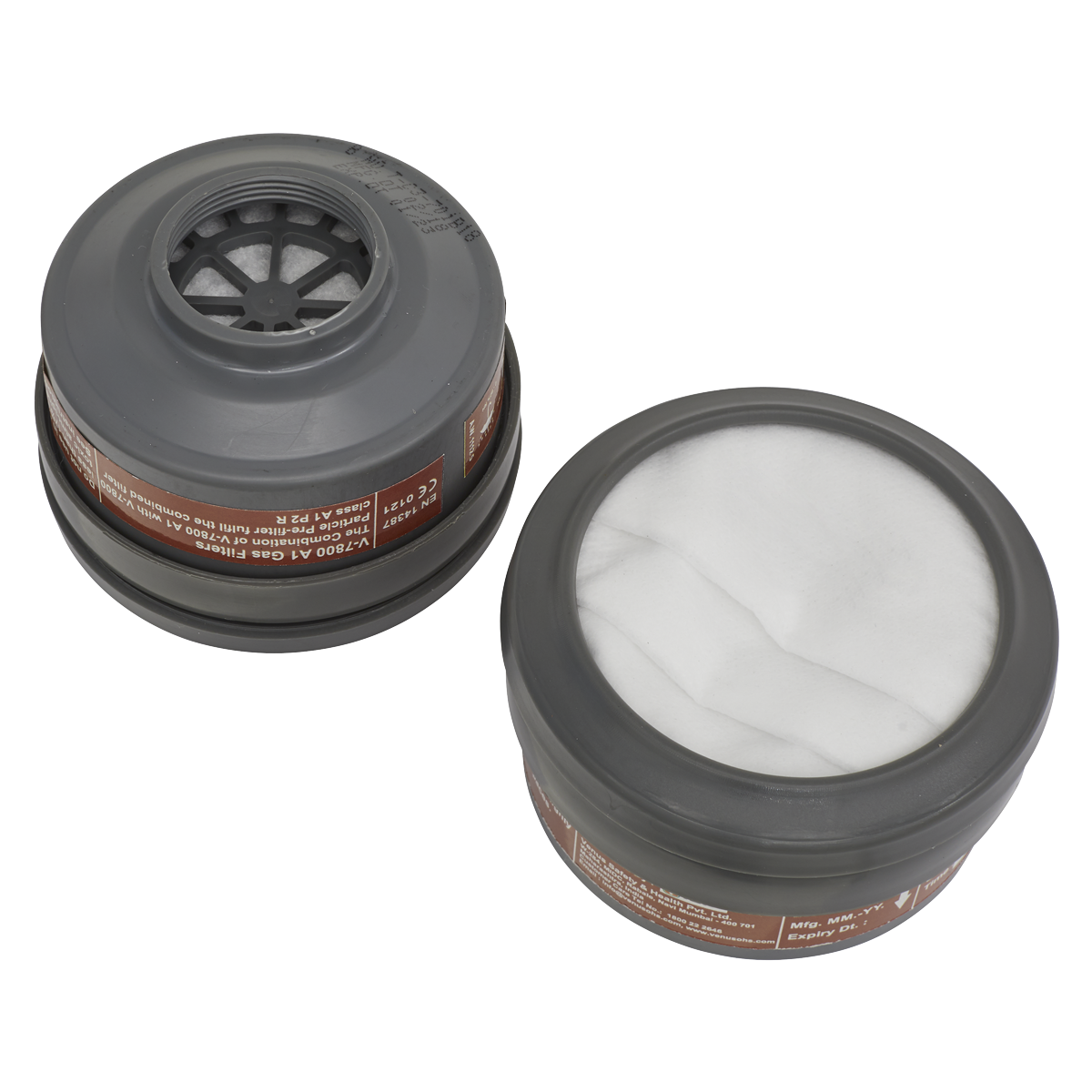 Two round, grey gas mask filters from Sealey's A1P2R Filter Cartridge - Pack of 2 - 9361. One filter reveals the internal structure, while the other displays the white fabric surface. Both feature brown labels with text around the sides, designed for organic vapour protection. Compatible with Model No. 9360 series Half Masks.