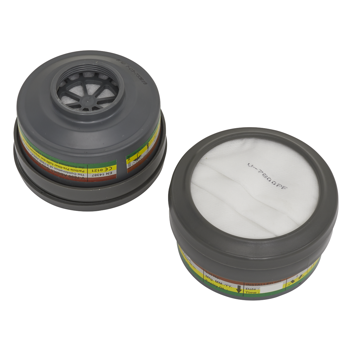 Two round air filter cartridges from Sealey, one showing the top view with a mesh center and the other displaying the bottom side covered with a white material. Both have colored labels around the sides and are part of the ABEK1 P2R Cartridge - Pack of 2 - 9363 for organic vapor protection in Model No. 9360 series Half Masks.