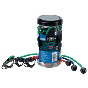 The Draper Tarpaulin Cord Set (12 Piece) - TCS/12-B, from Draper, is contained in a clear plastic container with a black lid. Inside, you’ll find an assortment of high-quality bungee cords, some featuring hooks while others have ball ends. Several cords extend outside the container.