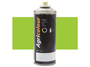 A 400ml can of Paint - Agricolour - Green, Gloss from Sparex (Part Number: S.93735), perfect for use on metal surfaces, stands out against a green background. The Green Aerosol is labeled in multiple languages and contains high-quality paint.