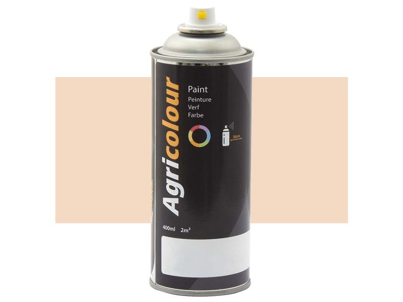 A can of Sparex Agricolour Beige Gloss spray paint (S.93818) is shown against a white background. The black can displays text describing the paint's capacity as 400ml and its coverage area as 2 square meters. Perfect for metal surfaces, this aerosol paint ensures a smooth gloss finish.