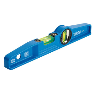 The Draper Cast Boat Level, 250mm, Blue - DBTL/S features a precision milled base and includes horizontal and vertical green bubble vials. With an accuracy of 1.0mm per meter, it ensures reliable measurements every time.