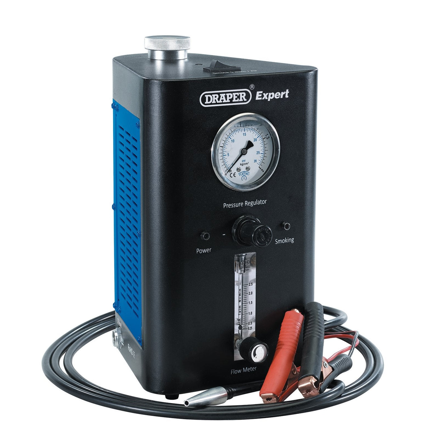 The Draper Expert Turbo Smoke Diagnostic Machine Pipe Vacuum Leak Detector - SDM-TURBO, a black box equipped with a gauge and cables, is essential for pinpointing issues in car systems leak detection.