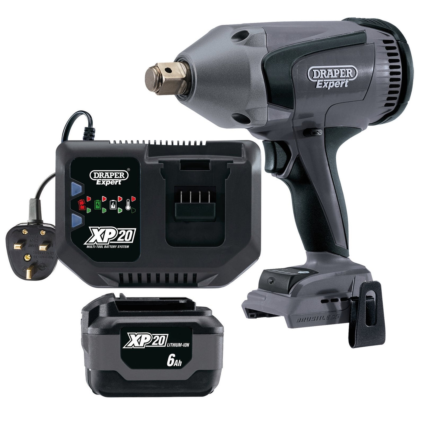 The Draper XP20 3/4” Impact Wrench Kit - PTK3/4 XP 6 features advanced Brushless Technology and a powerful Lithium-Ion Battery. The set includes the wrench, battery, and charger, all labeled "Draper Expert XP 20".