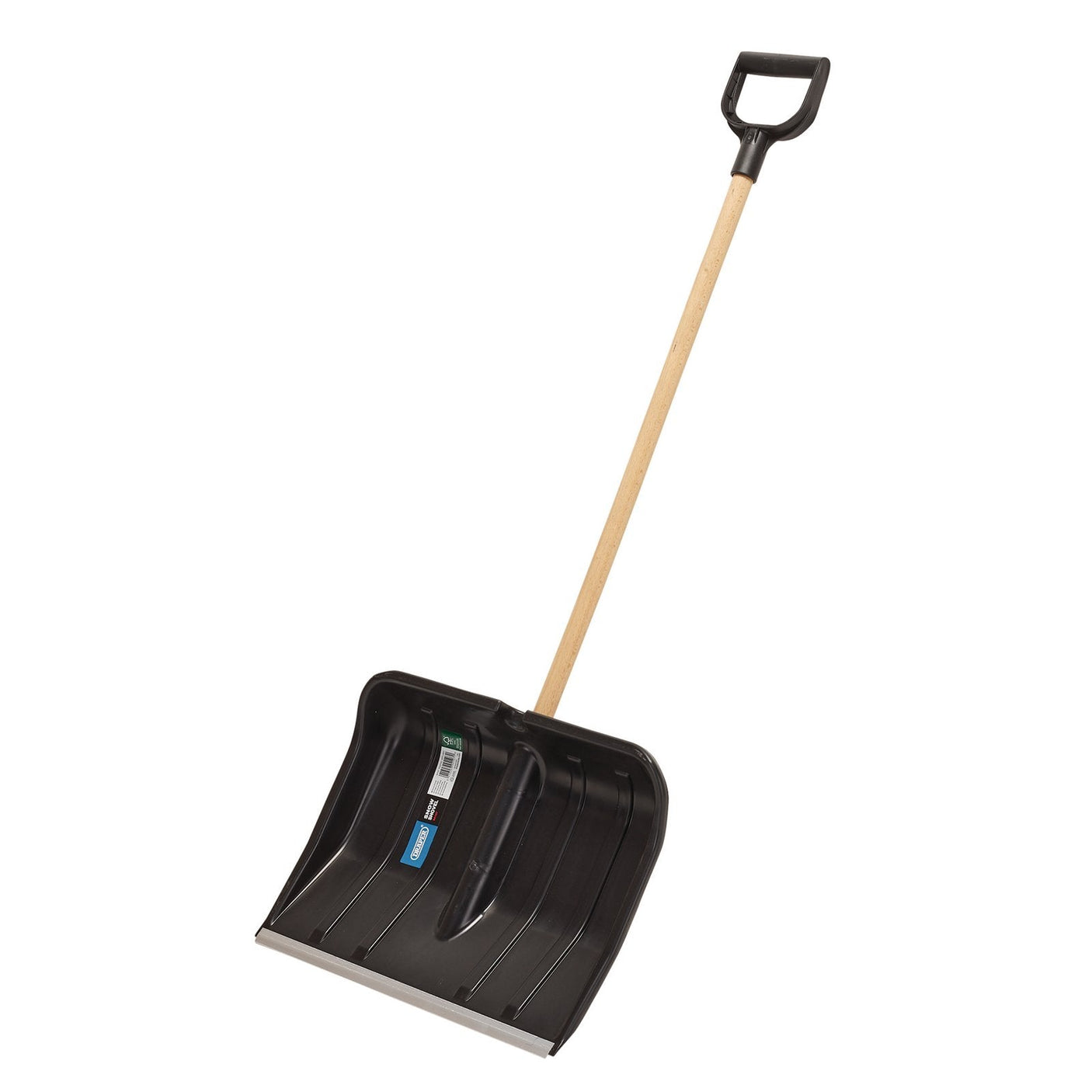 The Draper Large Snow Shovel With Fsc® Wooden Handle - PSS/FSC features a durable FSC-certified wooden handle and a spacious plastic blade equipped with a metal edge, along with a D-shaped grip for comfortable handling.