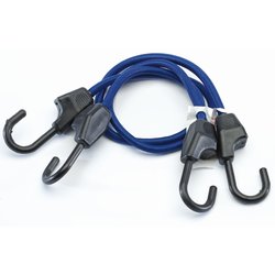 A coiled Draper Heavy Duty Bungee, 600mm, featuring high-quality blue rubber and two black steel hooks on each end.