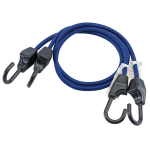 Introducing the Draper Heavy Duty Bungees, 800mm (Pack Of 2) - BCHD800-B: these high-quality blue bungee cords feature black plastic-coated steel hooks on both ends and are crafted from premium rubber for securely fastening your items.