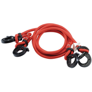 The Draper Adjustable Bungees (Pack Of 2) - BCA1000 features high-quality rubber for enhanced durability and comes with coiled red cords and black plastic hooks on both ends.