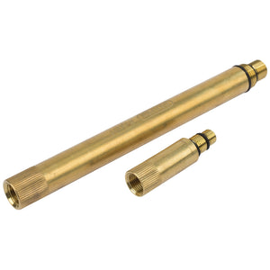 Close-up of two brass nozzle extensions, one longer bearing the "Draper Adaptor For Engine Compression And Cylinder Leakage Testers (200mm) - LRA-B" label and one shorter, both featuring threaded ends and textured grips.