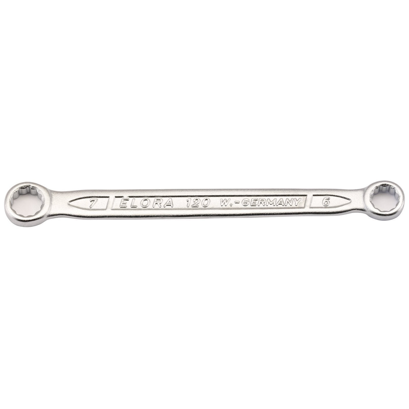 A silver double-ended box wrench, crafted from chrome vanadium steel, is engraved with "Draper Elora 120-6x7" and features two sizes, 6mm and 7mm, on either end. Adhering to DIN 837/ISO 3318 standards, it offers superior corrosion protection.