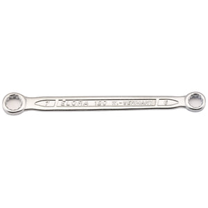 A silver double-ended box wrench, crafted from chrome vanadium steel, is engraved with "Draper Elora 120-6x7" and features two sizes, 6mm and 7mm, on either end. Adhering to DIN 837/ISO 3318 standards, it offers superior corrosion protection.