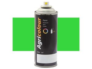 A can of Sparex Agricolour green aerosol paint, featuring a gloss finish and a yellow nozzle on a green background. The spray can, labeled in both English and French, has a capacity of 400ml and covers 2m², making it ideal for metal surfaces. (Sparex Part Number: S.94399)