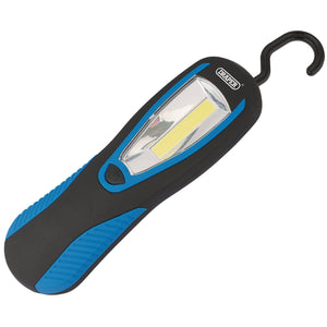 A Draper blue COB LED work light, featuring a magnetic back and hanging hook for hands-free use, emits 200 lumens with its 3W power and comes with three AA batteries.