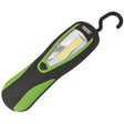 Introducing the Draper COB LED Work Light with a magnetic back and hanging hook. This handheld work light, in black and green, delivers 200 Lumens from its 3W COB LED. It features a convenient button for operation and proudly displays the Draper brand name.