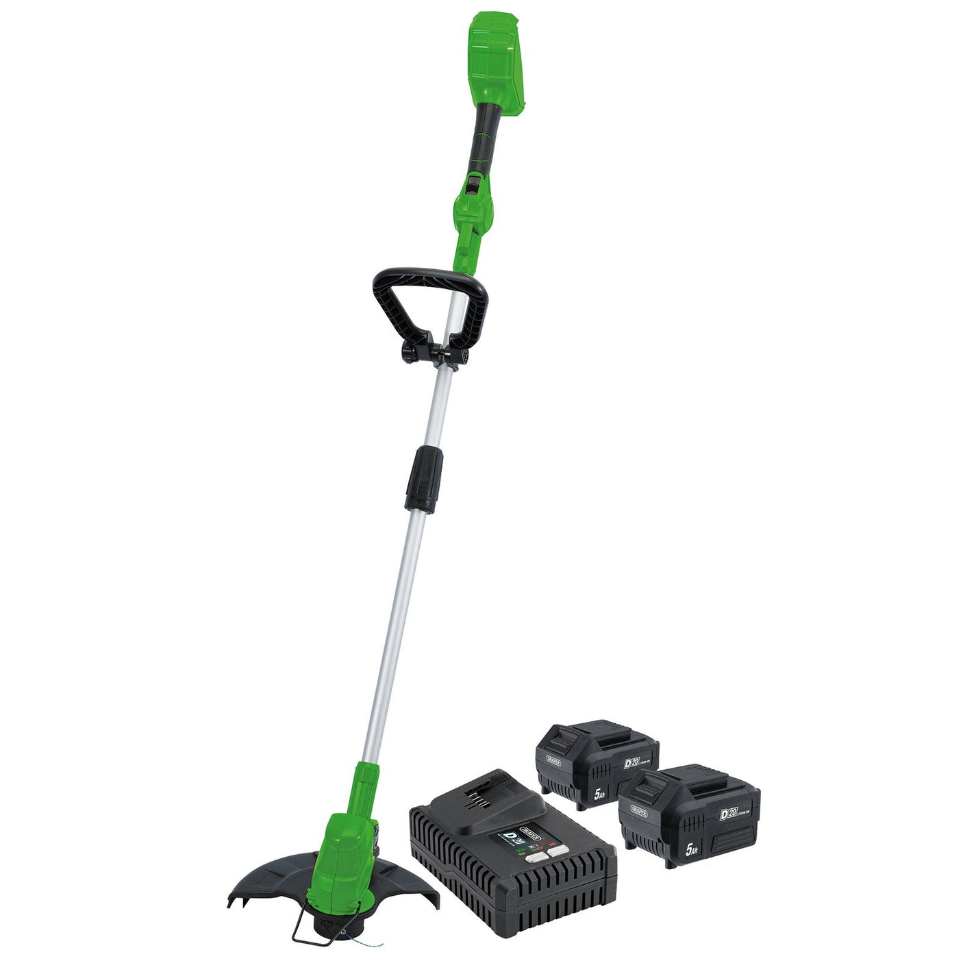 The Draper D20 40V Grass Trimmer Kit, featuring a black handle and an automatic-feed system, is shown alongside two rechargeable 5.0Ah lithium-ion battery packs and a fast charging station.