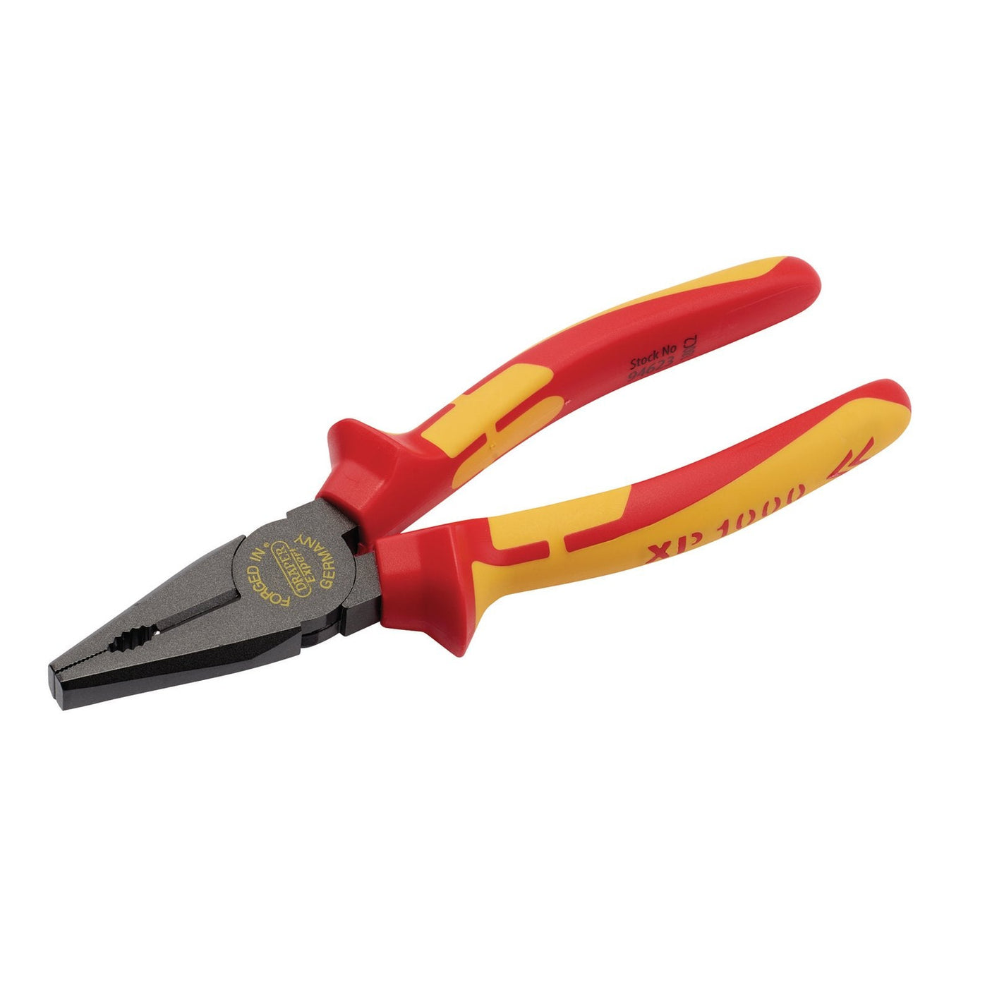 Close-up of a pair of Draper Xp1000® Vde Combination Pliers, 180mm - XP1000CP/NT with induction-hardened jaws and ergonomic soft grip handles in red and yellow. The tool features a black metal gripping and cutting head.