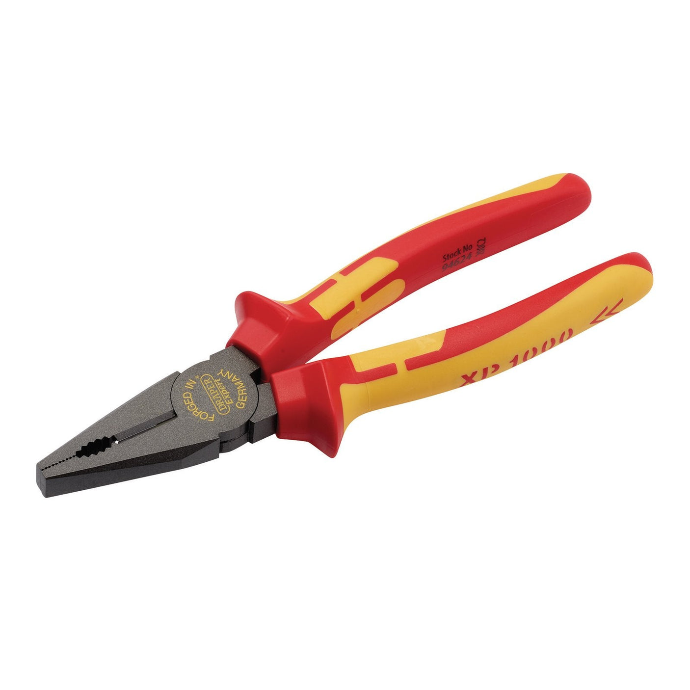 A pair of Draper Xp1000® Vde Combination Pliers, 200mm (XP1000CP/NT) in vibrant red and yellow, featuring an ergonomic soft grip handle and induction-hardened, serrated jaws for maximum durability.