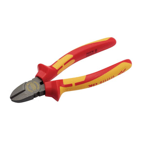 A pair of Draper Xp1000® VDE Diagonal Side Cutter, 160mm - XP1000SC/NT, features a red and yellow ergonomic soft grip handle and is designed for cutting wires up to 1000V as part of the XP1000® series.