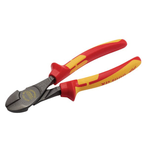 The Draper Xp1000® Vde Hi-Leverage Side Cutter, 180mm - XP1000HLSC/NT features red and yellow insulated handles, induction-hardened jaws, and an ergonomic soft grip handle, making it ideal for cutting wires and small objects.