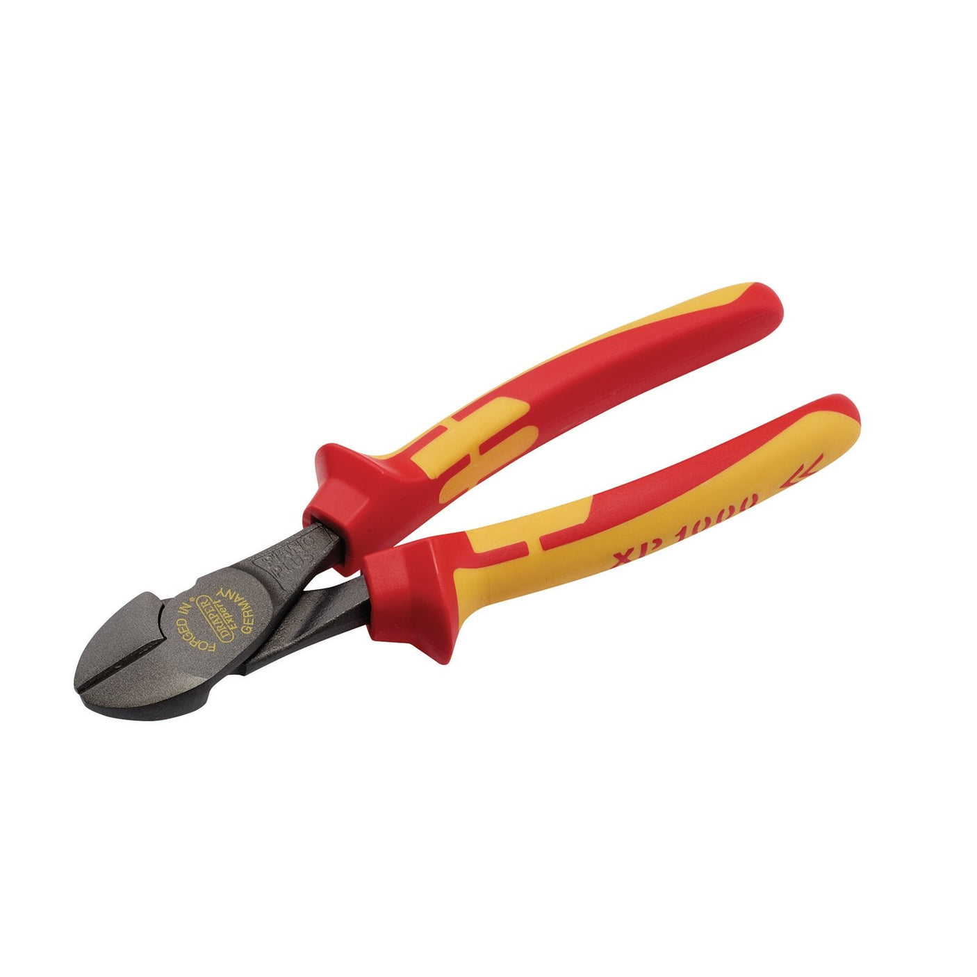 Image of a pair of Draper Xp1000® VDE Hi-Leverage Side Cutter, 200mm - XP1000HLSC/NT with red and yellow handles and induction-hardened jaws, designed for electrical work, resting on a white background.