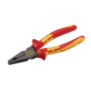 Introducing the Draper Xp1000® Vde Hi-Leverage Combi Pliers, 180mm - XP1000HLCP/NT: Red and yellow insulated pliers with ergonomic handles and induction-hardened jaws. Perfectly designed for electrical work, they offer a secure gripping and cutting surface.