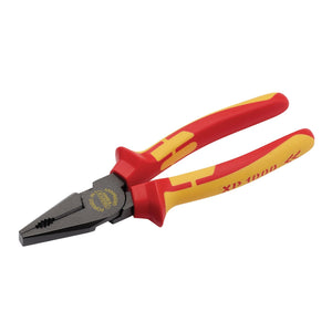 A pair of Draper XP1000® VDE Hi Leverage Combi Pliers, 200mm - XP1000HLCP/NT, featuring red and yellow ergonomic soft grip handles and induction-hardened jaws for enhanced durability. Perfectly designed for cutting and gripping tasks.