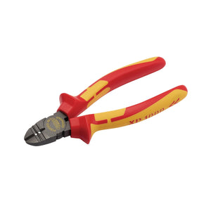 A pair of Draper XP1000® VDE Side Cutter/Stripper, 160mm - XP1000SCST/NT with red and yellow insulated handles designed for electrical work, featuring induction-hardened jaws for exceptional durability.