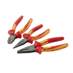 A set of three Draper XP1000® VDE pliers with red and yellow ergonomic soft grip handles arranged in a row on a white background.