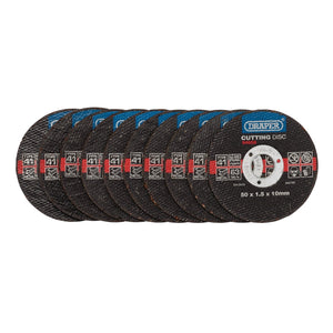 A pack of ten Draper Metal Cutting Discs, size 50 x 1.5 x 10mm with usage icons and a black background beneath the blue and red branded label, perfect for use with 50mm grinders.