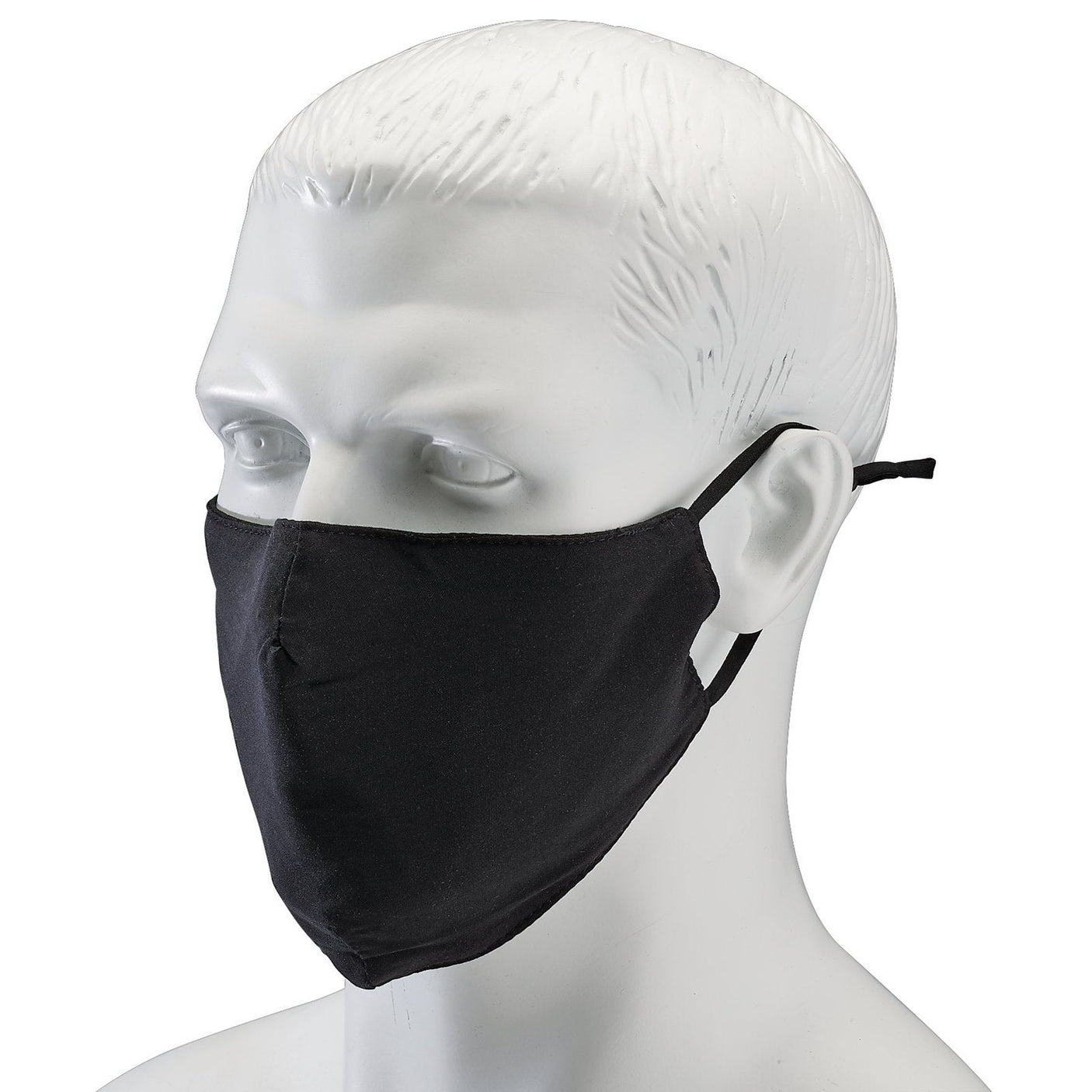 Mannequin wearing a Draper Fabric Reusable Face Mask in black, covering the nose and mouth, secured with adjustable ear loops and a strap at the back. This pack of two masks is machine washable for added convenience.