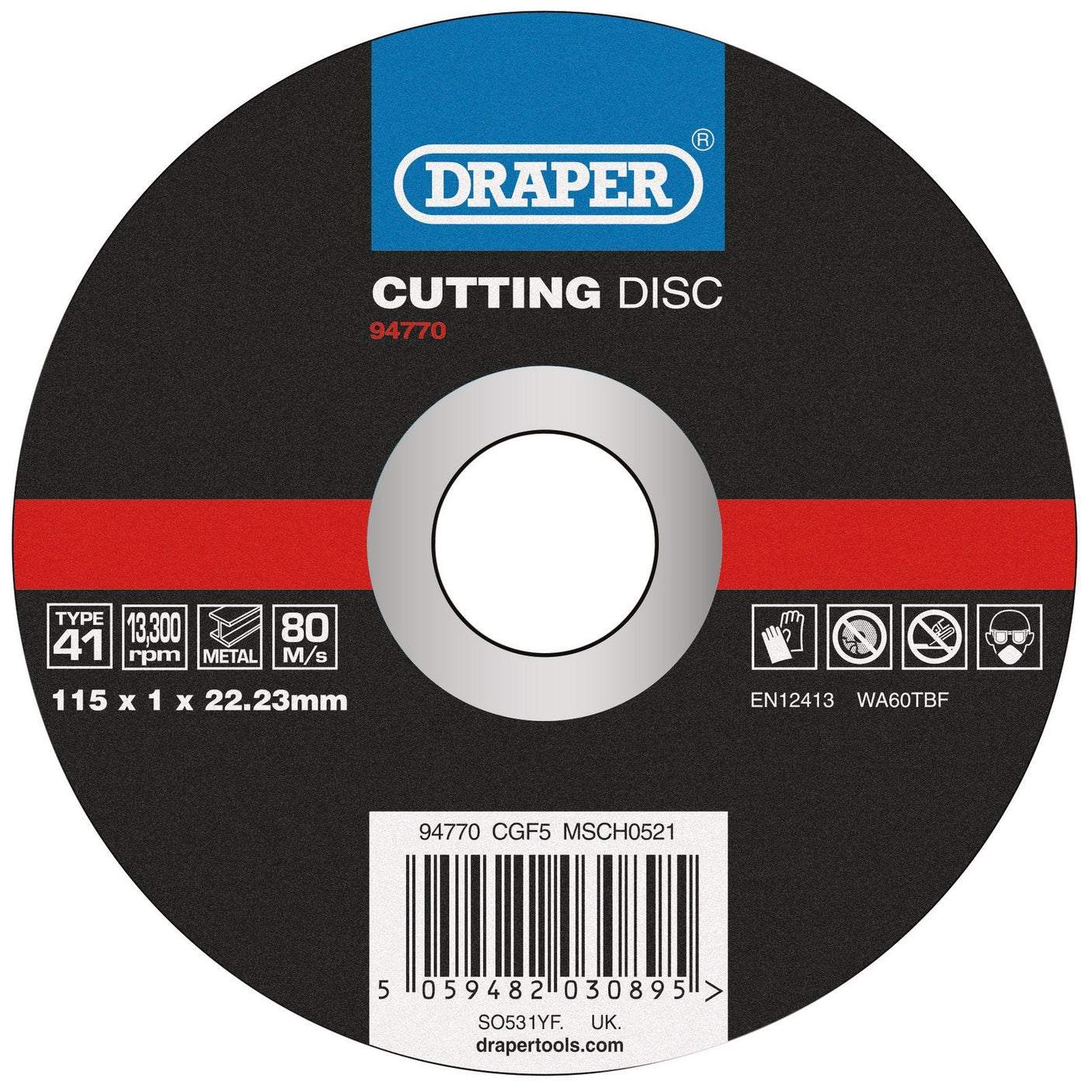 The Draper Metal Cutting Disc, 115x1x22.23mm - CGF5, features a maximum RPM of 13,300 and is made from durable aluminum oxide for efficient metalworking applications. This disc adheres to certified safety standards for reliable use.