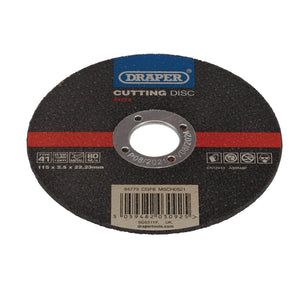 The Draper Metal Cutting Disc (CGF8), measuring 115 x 2.5 x 22.23mm, is made from durable aluminium oxide and designed for metal working applications. It has a maximum speed of 3000 RPM and features a barcode at the bottom.