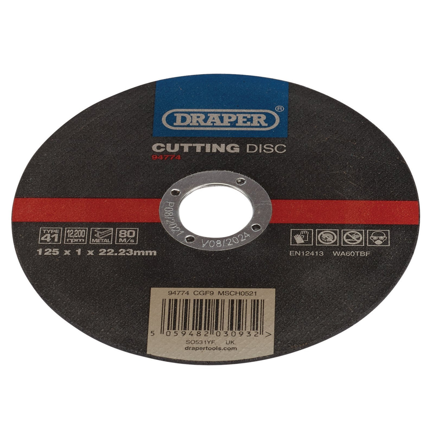 The Draper Metal Cutting Disc, model CGF9, is made with aluminium oxide and features a 125 mm diameter, 1 mm thickness, and a bore size of 22.23 mm. Ideal for metalworking applications.