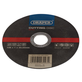 The Draper Metal Cutting Disc, model CGF9, is made with aluminium oxide and features a 125 mm diameter, 1 mm thickness, and a bore size of 22.23 mm. Ideal for metalworking applications.