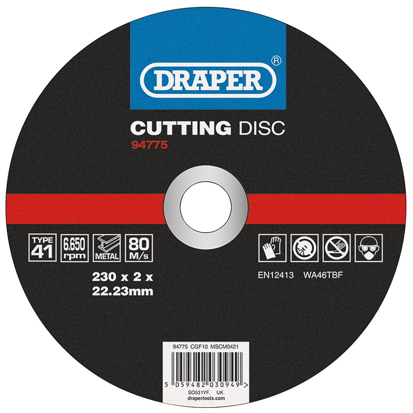 The Draper Metal Cutting Disc, model CGF10, boasts a 230 mm diameter, 2 mm thickness, and a 22.23 mm bore diameter. Engineered for precise metal cutting at 6650 RPM and a speed of 80 m/s, this disc is constructed with durable aluminium oxide to ensure optimal performance.