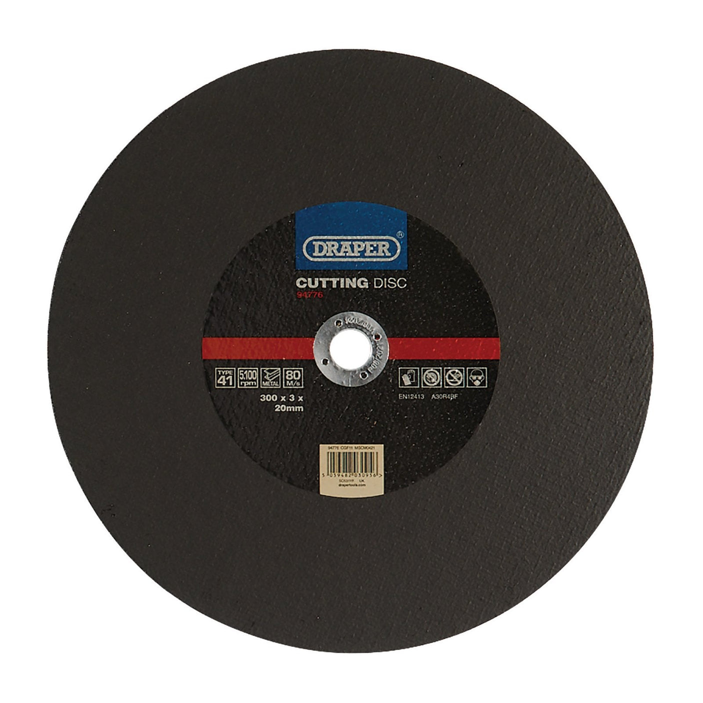 A black circular flat cutting disc labeled "Draper" from the Draper Metal Cutting Disc series (300 X 3 X 20mm - CGF11), designed for metal working applications and featuring durable aluminium oxide composition, complete with specifications and a barcode.