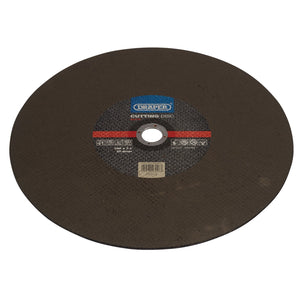 A Draper Metal Cutting Disc, 355 X 3 X 25.4mm - CGF12, featuring a black textured surface and made from aluminium oxide, ideal for metalworking applications. The label in the center reads "Draper" and includes text and symbols.