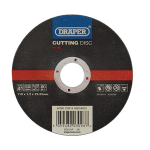 The Draper Multi-Purpose Cutting Disc, model CGF14, is a circular black disc sizing 115 mm x 1.2 mm x 22.23 mm, ideal for cutting stainless steel and compatible with 115mm angle grinders. This product includes a barcode for easy identification.