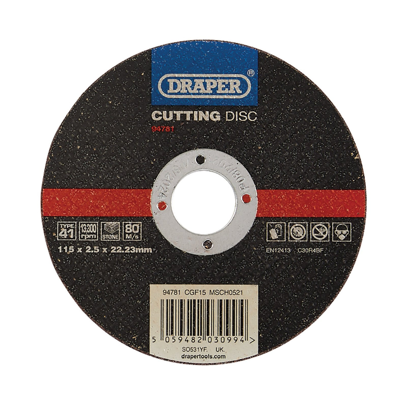 Image of the Draper Flat Stone Cutting Disc, 115 mm x 2.5 mm x 22.23 mm (Model CGF15), ideal for stone cutting. Model number CGF15 features resin bonded silicon carbide. The disc is black with red accents and includes various specifications and certification symbols.