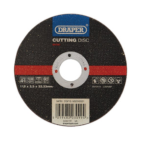 Image of the Draper Flat Stone Cutting Disc, 115 mm x 2.5 mm x 22.23 mm (Model CGF15), ideal for stone cutting. Model number CGF15 features resin bonded silicon carbide. The disc is black with red accents and includes various specifications and certification symbols.